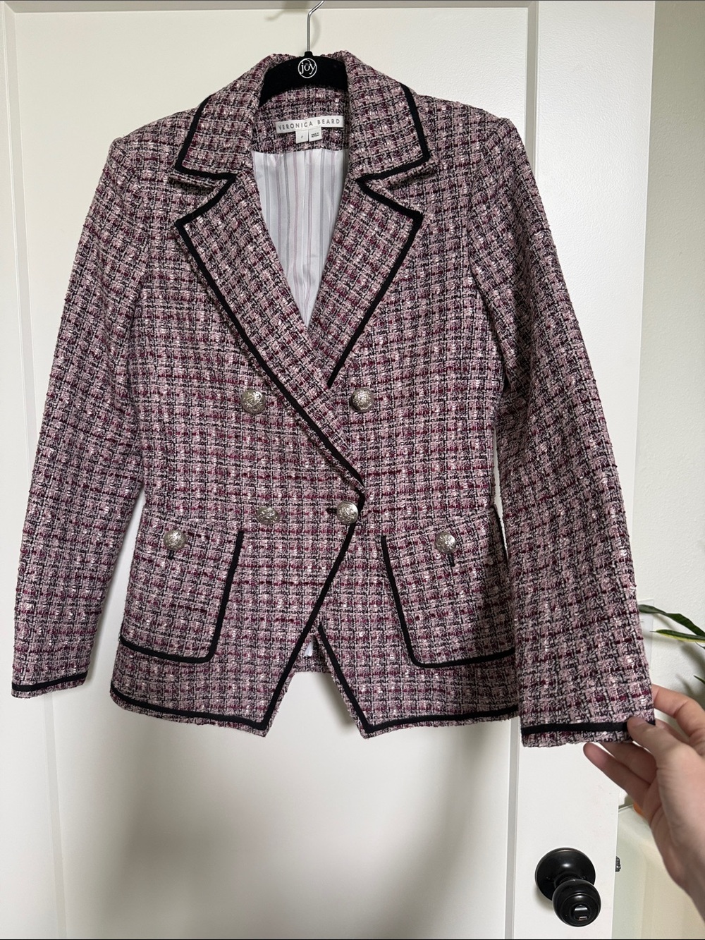 Veronica Beard Pink Tweed Black-Trim Double-Breasted Blazer